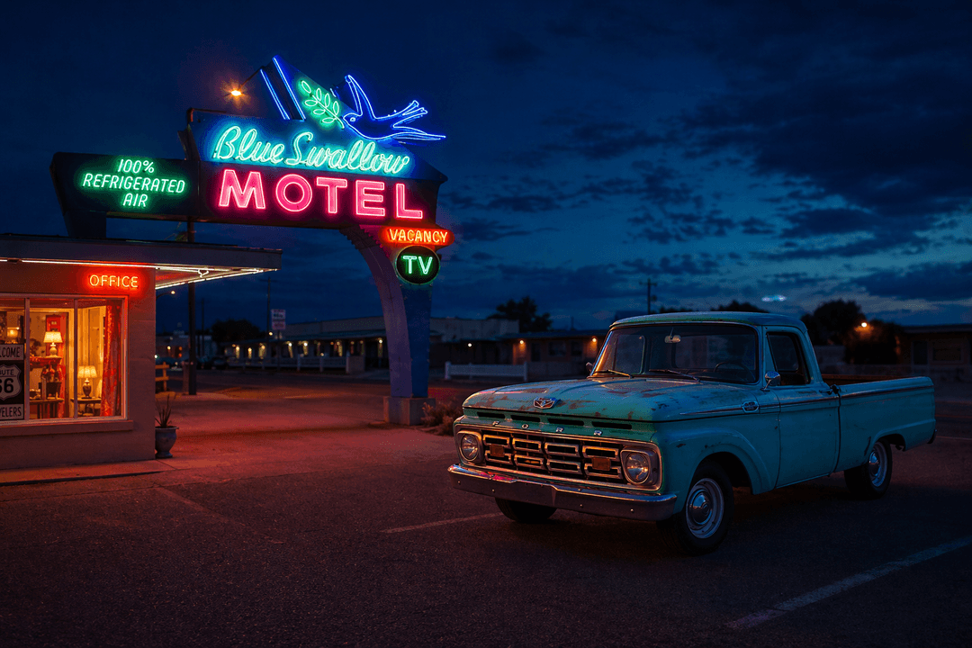 Blue Swallow Motel sign glowing at dusk