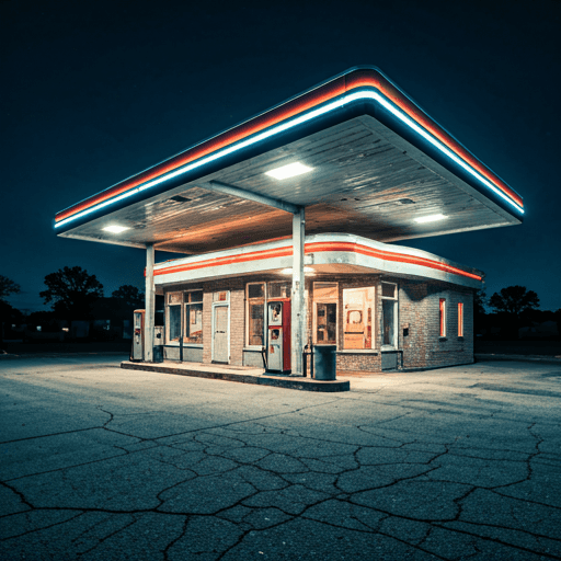 A restored Route 66 filling station glowing at blue hour