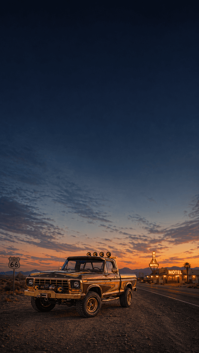 Vintage American pickup truck parked along Route 66 near a neon motel at dusk