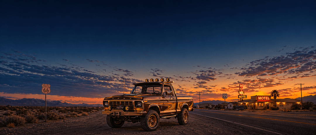 Classic American pickup truck glowing under a Route 66 motel sign at blue hour