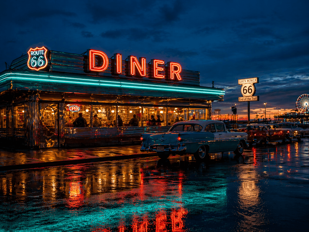 Classic neon diner at dusk along an Illinois Route 66 alignment