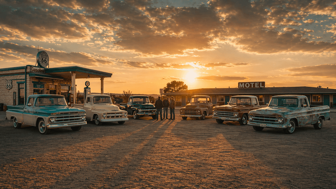 Classic trucks arranged in a loose semicircle at a historic Route 66 stop at golden hour