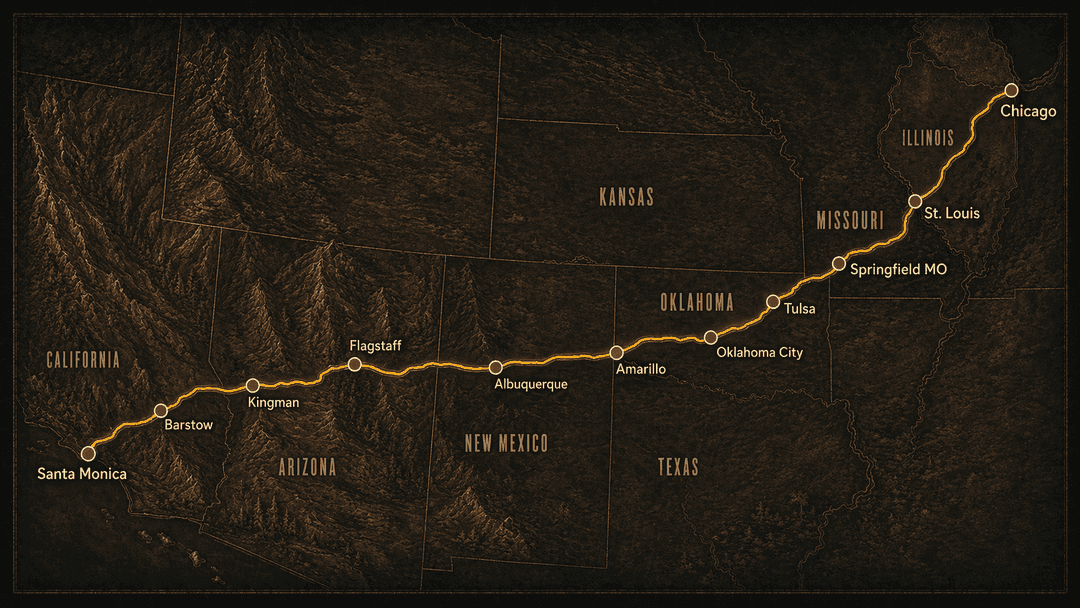 Topographic map illustrating the Route 66 corridor from Chicago to Santa Monica